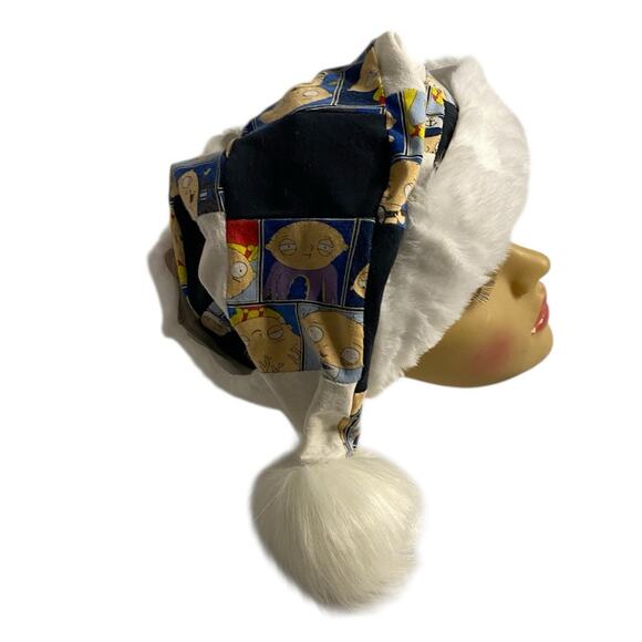 Handmade Upcycled Patchwork Family Guy Stewie Santa Hat Faux Fur Trim Holiday - Picture 7 of 8
